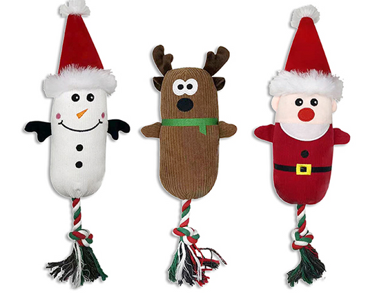 Carton of 12 Xmas Squeaky Plush Character w/Rubber Ball Body. 3 Asst.: Santa / Reindeer / Snowman. h/c.