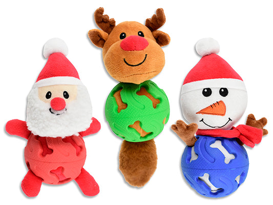 Carton of 12 Xmas Squeaky Plush Character w/Rubber Ball Body. 3 Asst.: Santa / Reindeer / Snowman. h/c.