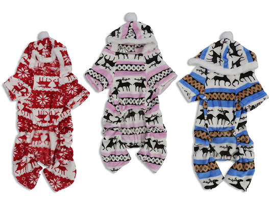 Carton of 12 Pet Pull-On Xmas Flannel Hoodie Pajamas w/Button. 4 Sizes: S / M / L / XL. 3 Asst. Polybag w/Insert.