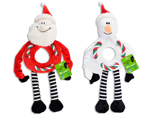 Carton of 12 17in Xmas Squeaky Plush w/Rope Ring Body Dog Toy. 2 Asst.: Santa / Snowman. h/c.