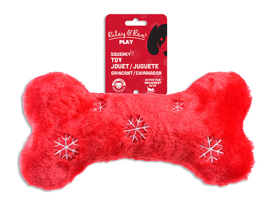 Carton of 12 9.84in Xmas 3 Squeaker Plush Bone Dog Toy. h/c.