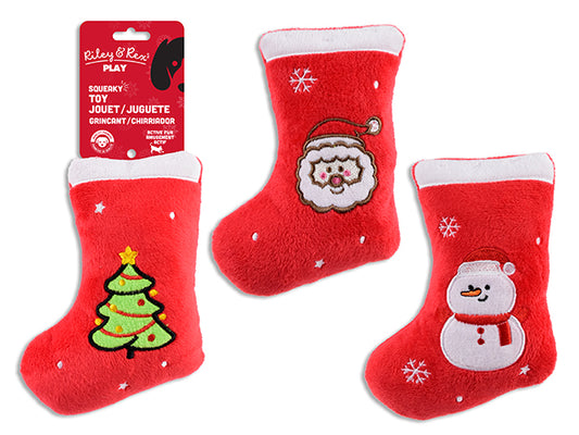 Carton of 12 6.3in Xmas Squeaky Embroidered Plush Stocking Dog Toy. 3 Asst. h/c.