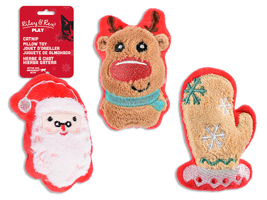 Carton of 12 3.5in Xmas Plush Catnip Cat Toy. 3 Asst: Santa / Glove / Reindeer.