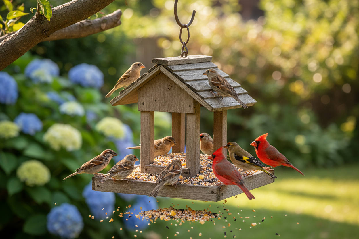 A bright, realistic backyard lifestyle photo showing multiple wild birds feeding from a hanging bird feeder filled with a mixed wild bird seed blend containing visible corn pieces. Birds such as sparrows, finches, and cardinals are perched and feeding naturally. The scene is set in a sunny garden with green foliage and a softly blurred background, creating a calm, inviting outdoor atmosphere. Natural lighting, high realism, shallow depth of field, professional wildlife and garden lifestyle photography style