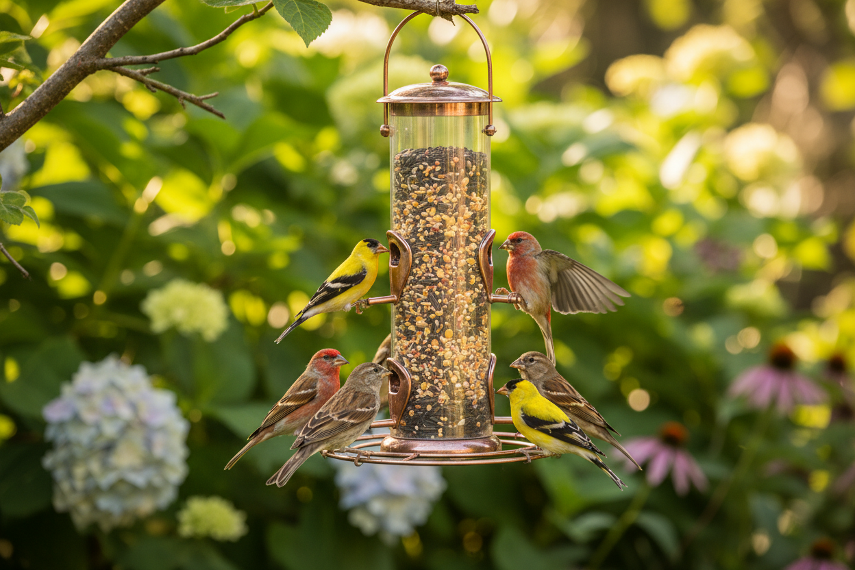 A bright, realistic lifestyle photo showing American goldfinches, finches, and sparrows feeding from a backyard bird feeder filled with a premium wild bird seed mix. The feeder is hanging in a garden with green foliage and soft natural sunlight. Small colorful birds are actively eating, with visible mixed seeds inside the feeder. The scene feels calm, natural, and inviting, representing healthy daily feeding and year-round backyard bird activity. High realism, natural colors, shallow depth of field, outdoor